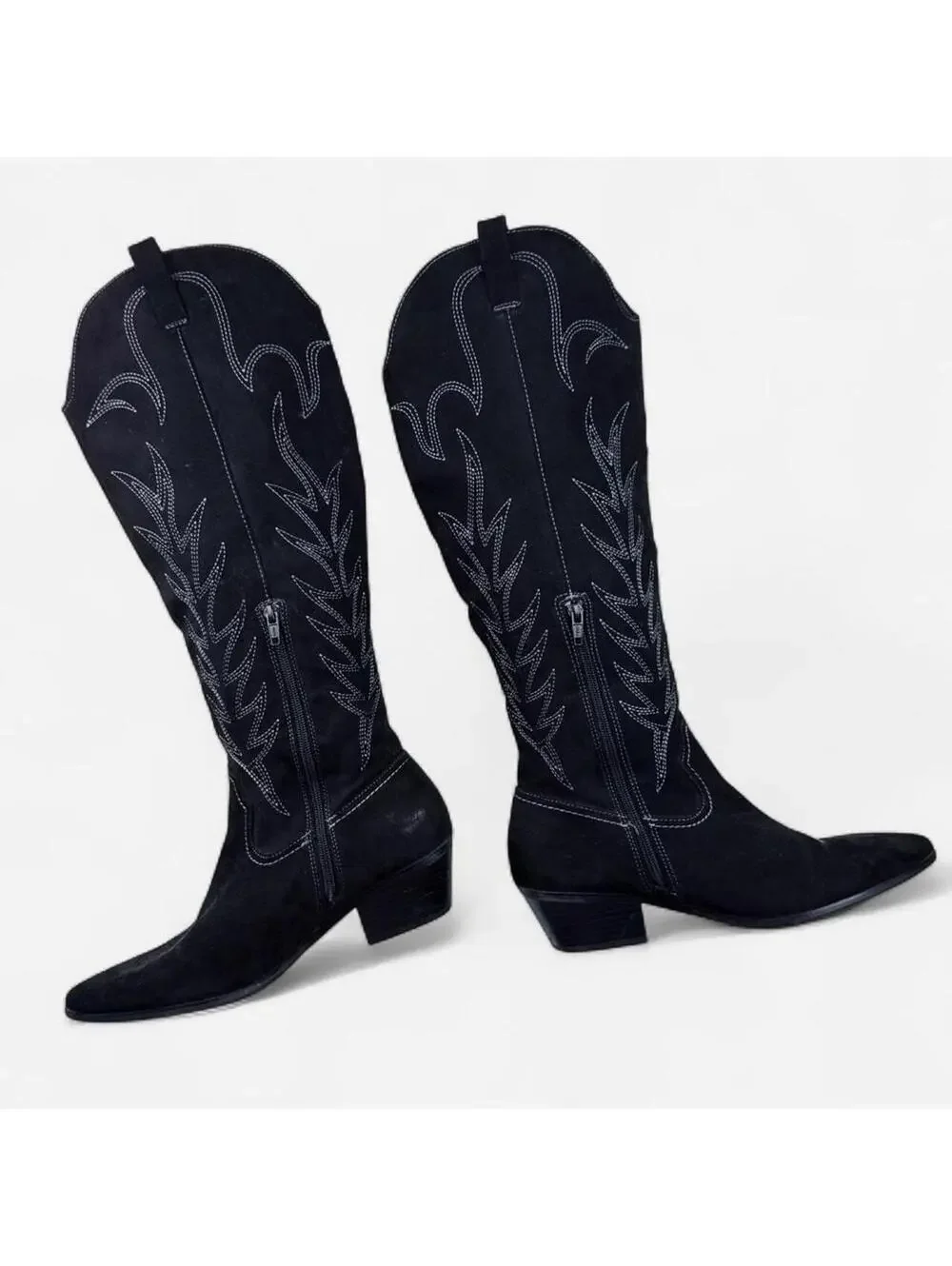 Black Faux Suede Embroidered Tall Cowboy Boots in Black